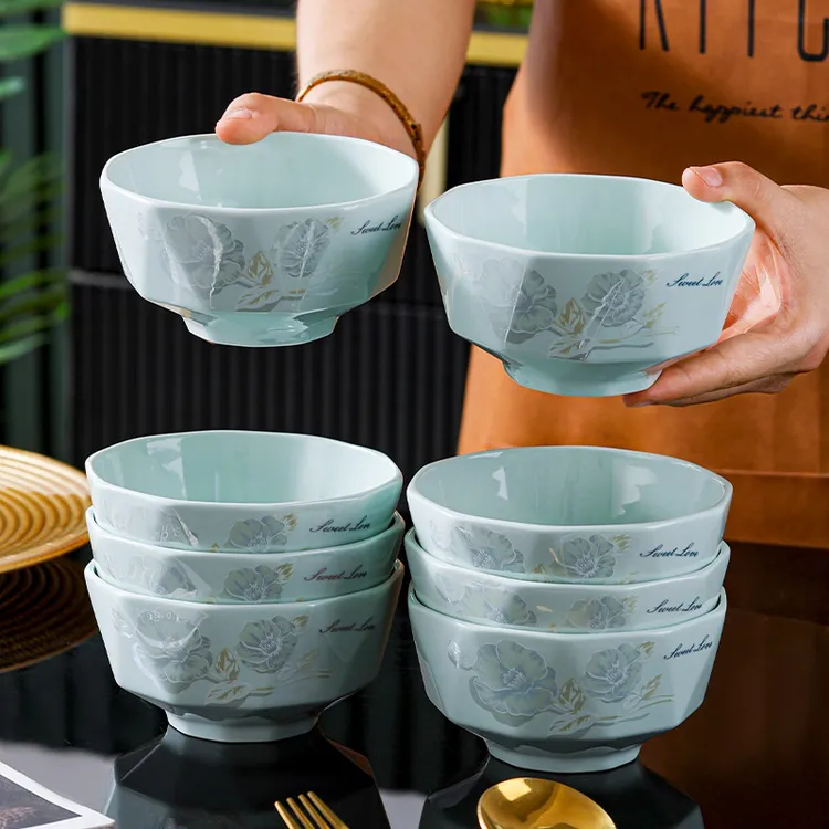 影青甜蜜蜜4.5英寸米饭碗8个装加厚防烫牡丹花碗欧式吃饭碗