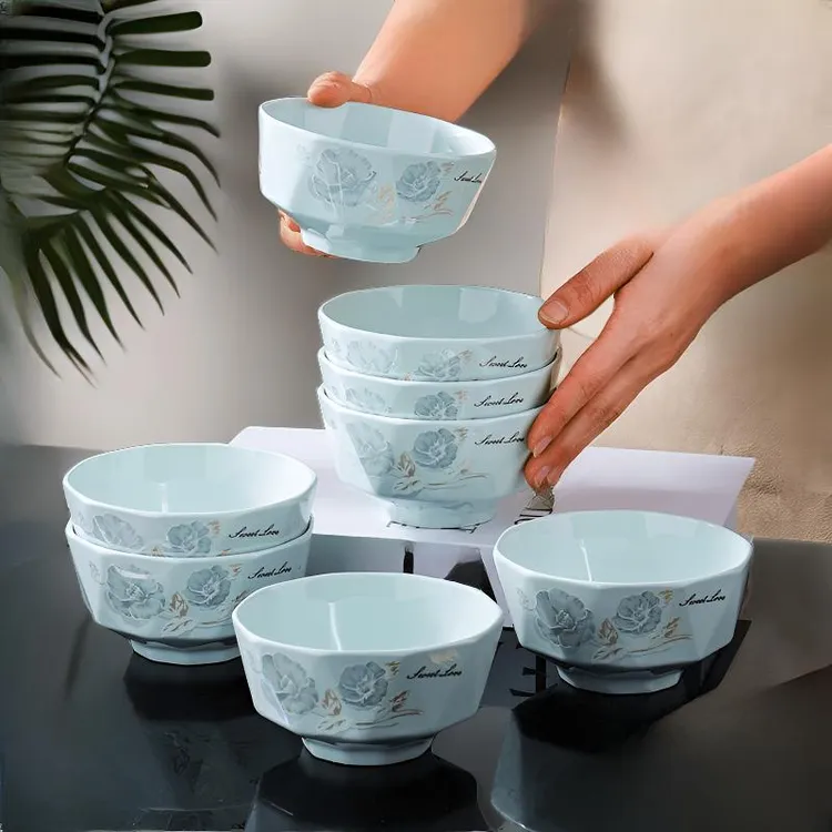 孟垣影青甜蜜蜜4.5英寸米饭碗加厚防烫牡丹花碗欧式吃饭碗家用