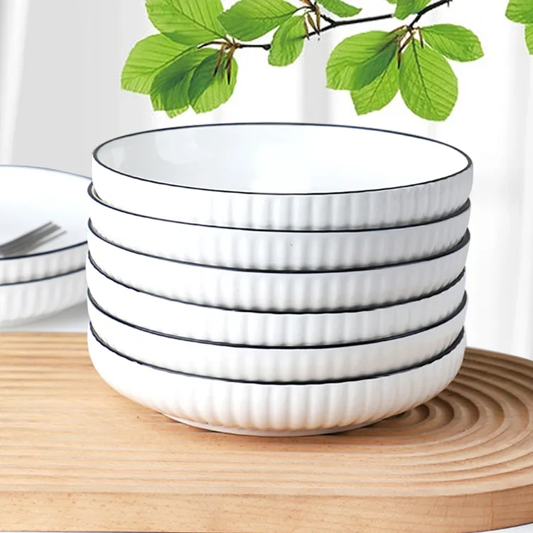 孟垣欧式竖纹6个装7英寸陶瓷釉下彩饭盘餐具家用盘子菜碟菜圆盘碟