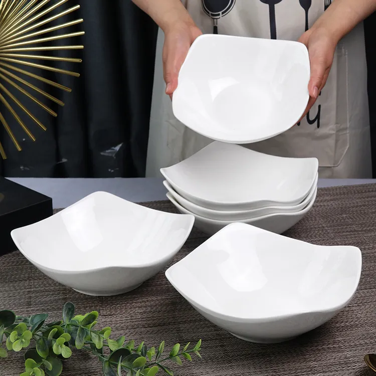 纯白四角碗沙拉碗翘脚碗家用创意釉下彩陶瓷餐具轻奢中式乔迁瓷碗