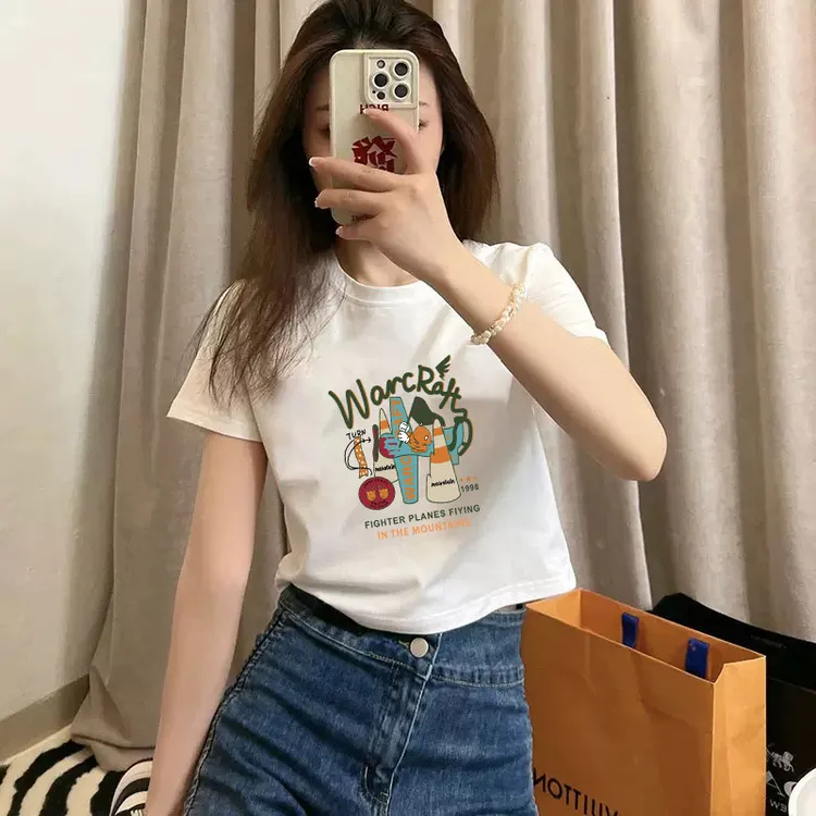 2025新款时尚棉T恤女夏季半袖宽松正肩上衣百搭显瘦体t恤高腰圆领