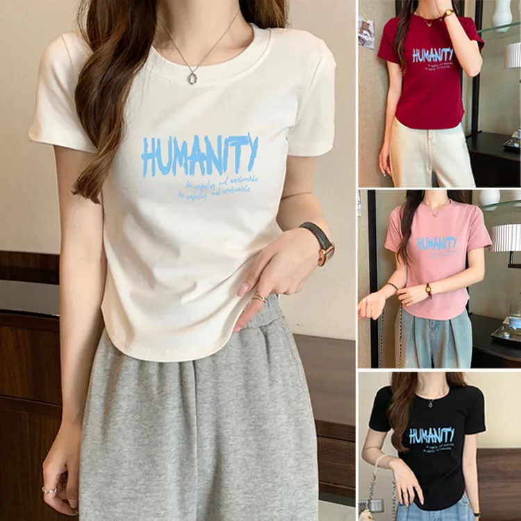 2025夏季显瘦百搭短袖ins正肩T恤圆领下摆弧形上衣设计感宽松印花