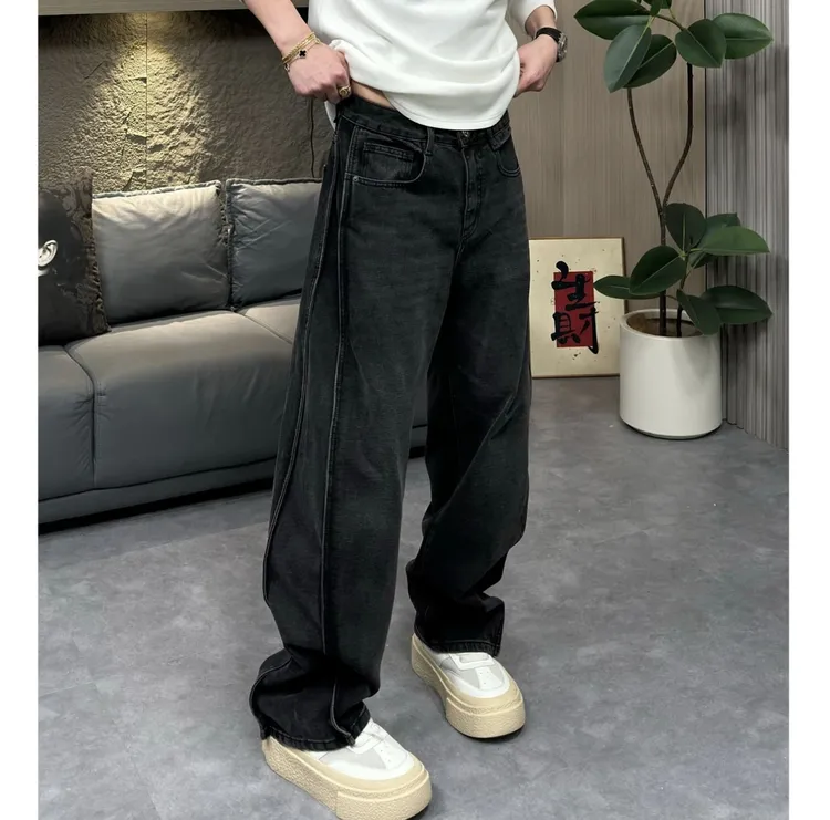 GXXSTUDIO冬季新款磨毛加厚个性立体拼接男裤阔腿百搭时尚牛仔裤