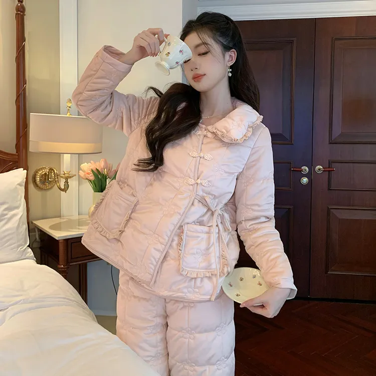 宫廷公主风三层夹棉睡衣女冬季加厚绒保暖甜美国风盘扣家居服套装