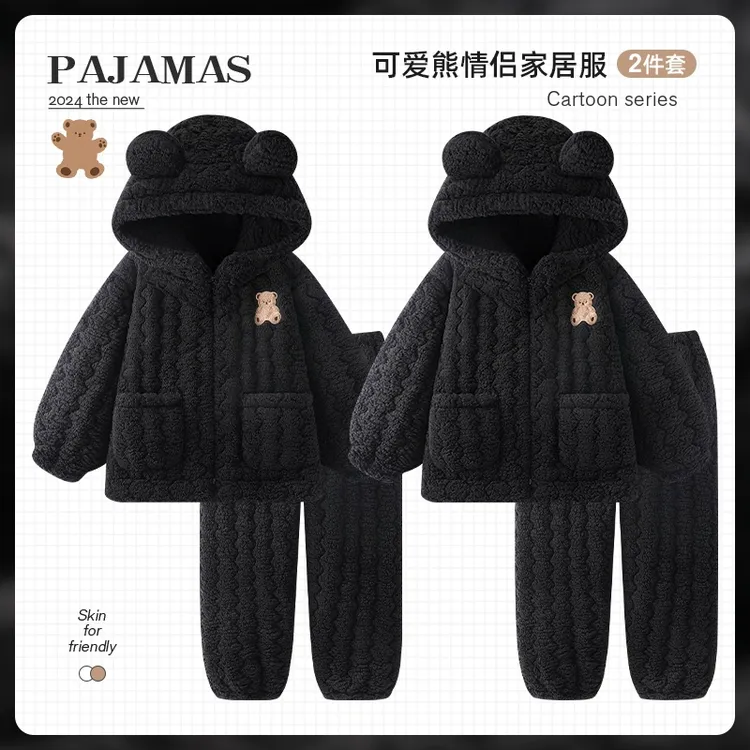 2024新款冬季情侣睡衣女款珊瑚绒加绒加厚卡通小熊男士家居服套装