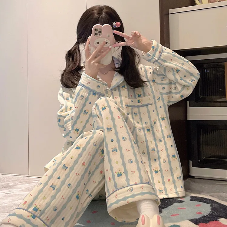 睡衣女款秋冬季空气棉夹层2024新款保暖卡通春秋少女可外穿家居服