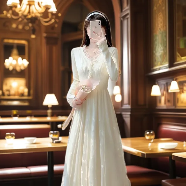 秋冬新款法式甜美气质温柔淑女收腰初恋仙女裙打底针织网纱连衣裙