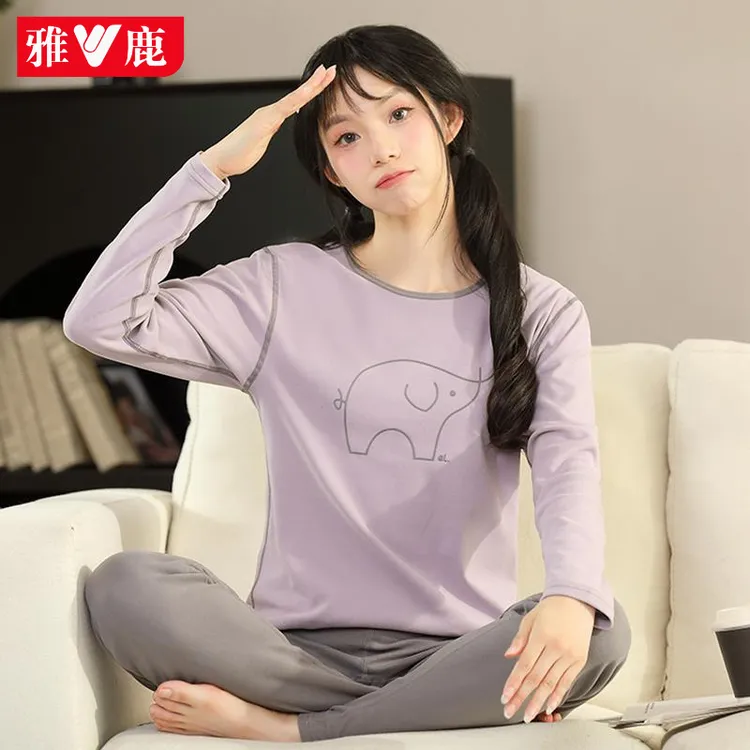 雅鹿秋衣秋裤女士保暖内衣少女薄款初高中学生打底线线裤德绒套装