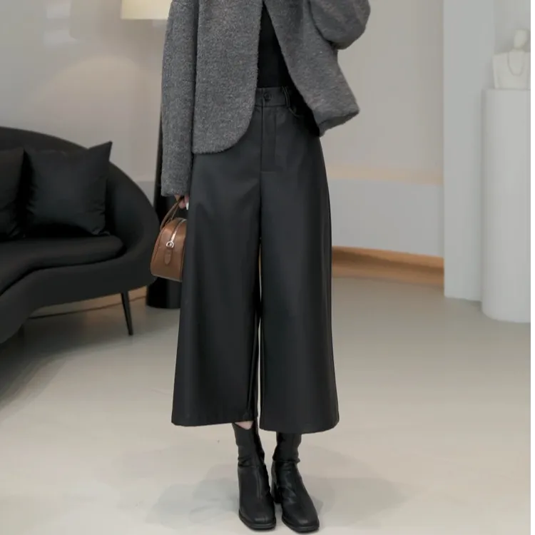 【七分/九分】秋冬加绒加厚阔腿裤韩版显瘦小个子休闲高腰pu皮裤