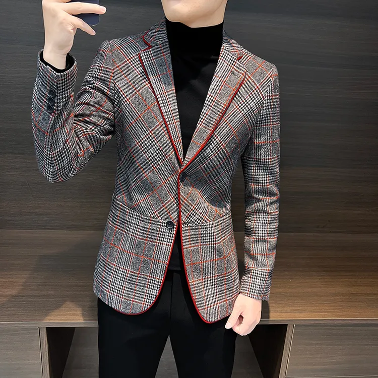 高端轻奢格子小西服秋冬爆款潮流痞帅商务西装外套英伦风穿搭男装