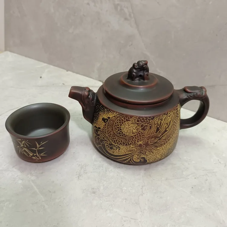 钦州坭兴陶茶壶手工拉坯成型精品刻绘祥龙出福320毫升盖子紧密