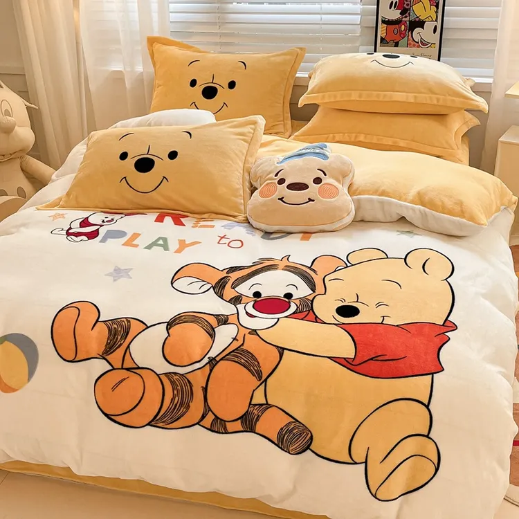 迪士尼加厚牛奶绒四件套冬季双面绒卡通保暖珊瑚绒床上三件套床笠