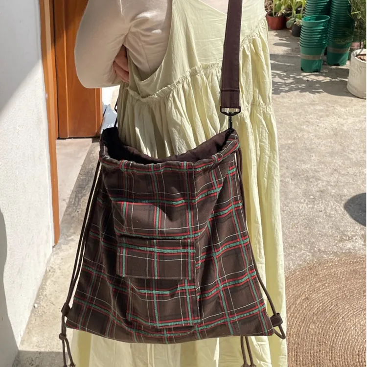 复古格子日系休闲双肩单肩两用包女生通勤早八必备大容量包包
