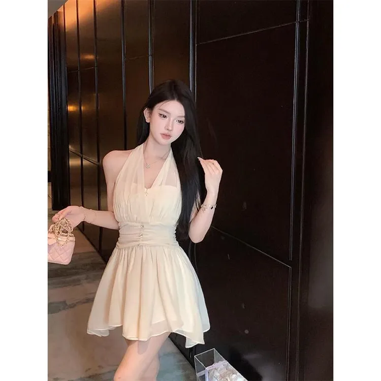 夏季气质白色雪纺挂脖连衣裙女收腰欲性感无袖a字短裙仙女裙子