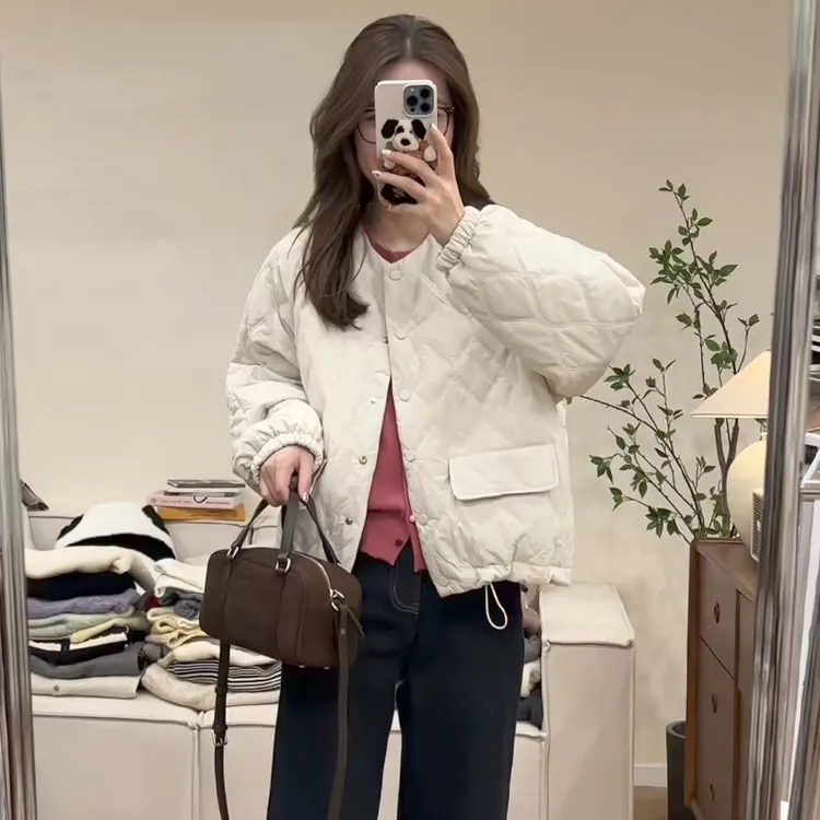 韩系单排扣菱形格加厚棉衣女2025秋冬新款宽松小个子时尚百搭外套