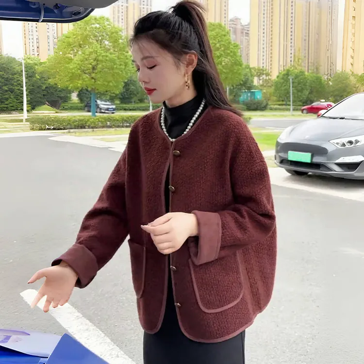 小香风皮毛一体外套女秋冬新款安哥拉红高级感颗粒绒爆款开衫上衣