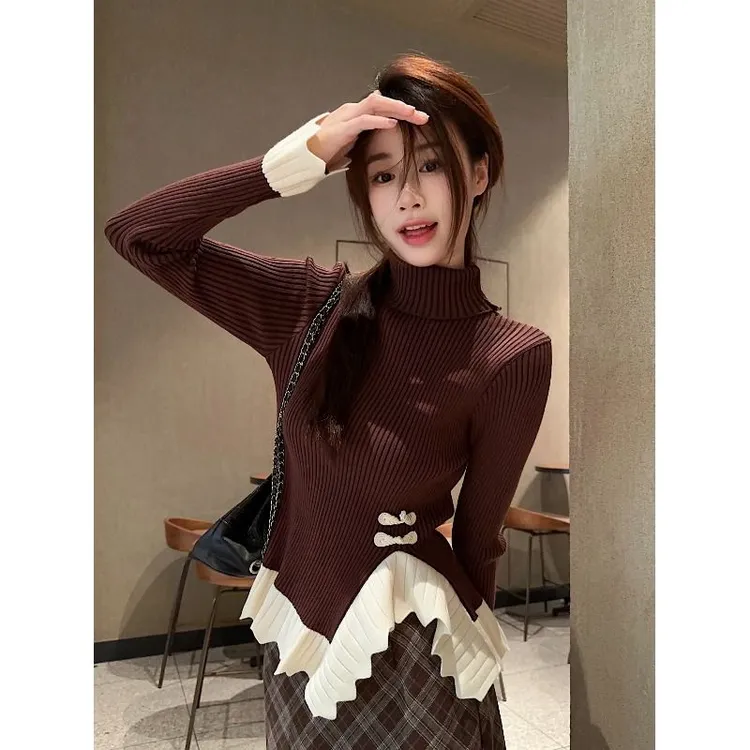 不规则撞色盘扣荷叶边针织衫女秋冬修身高领打底衫新中式毛衣内搭