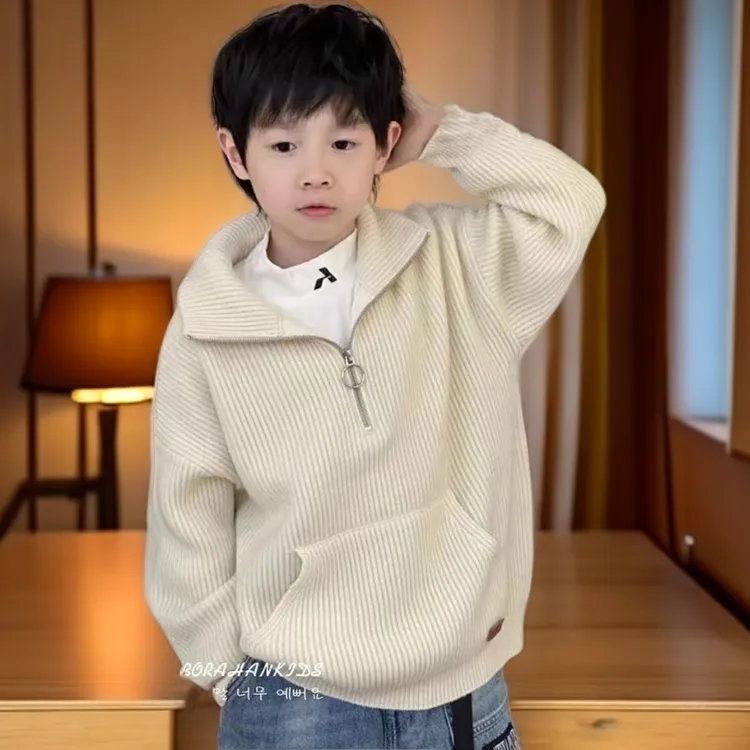 男女童高领毛衣2025新春秋套头拉链针织衫时尚中大童翻领毛衣纯色