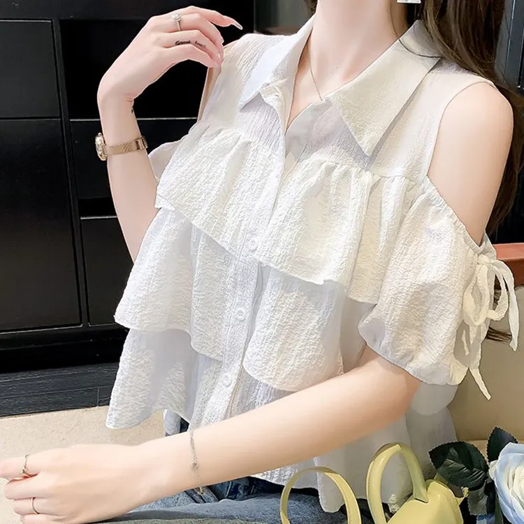 polo领荷叶边修身显瘦洋气上衣女夏季韩版露肩网红洋气炸街女装