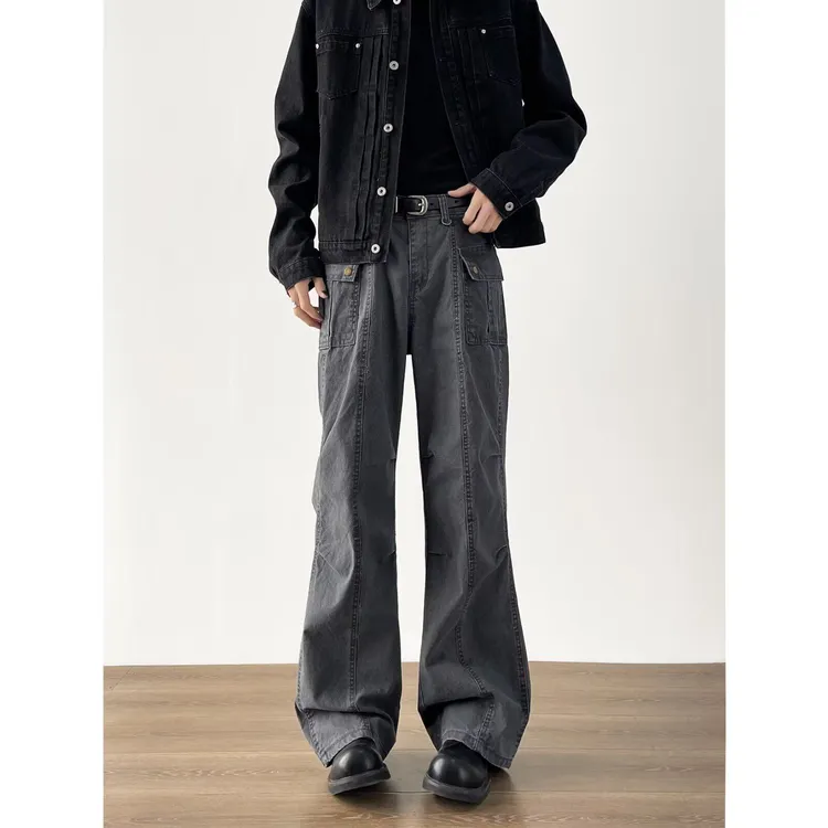 美式灰色微喇工装裤男秋冬潮牌宽松褶皱直筒高街运动痞帅休闲长裤