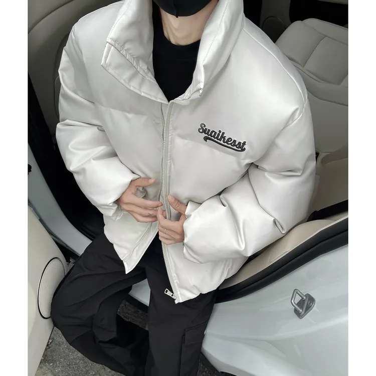 白色美式刺绣pu皮棉服男秋冬加棉加厚机车服夹克潮牌简约百搭外套