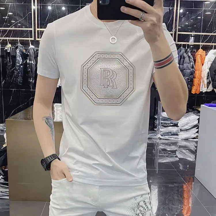 短袖男t恤2023新款欧货潮牌男装半袖上衣修身百搭高品质亮片圆领T