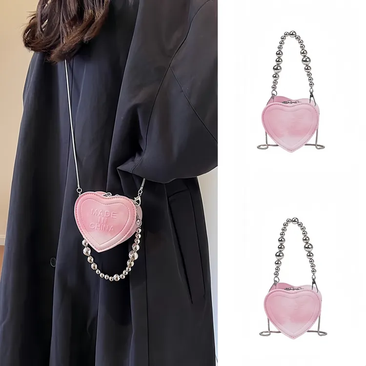 夏季小众粉色mini小包包女童2025新款儿童斜挎爱心链条迷你零钱包