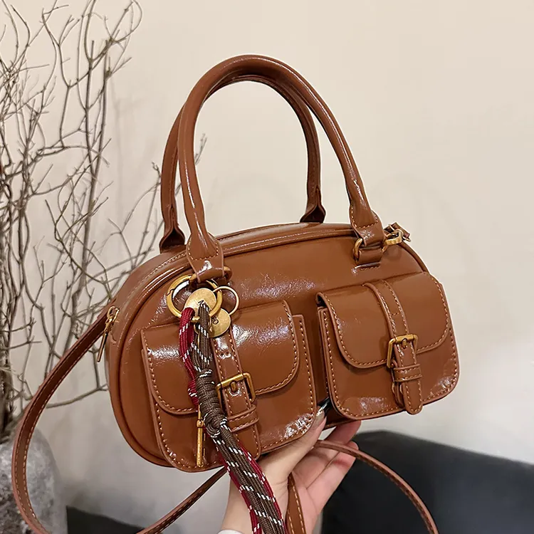 高级感时尚复古手提包包女2024新款潮流保龄球包洋气斜挎包小方包