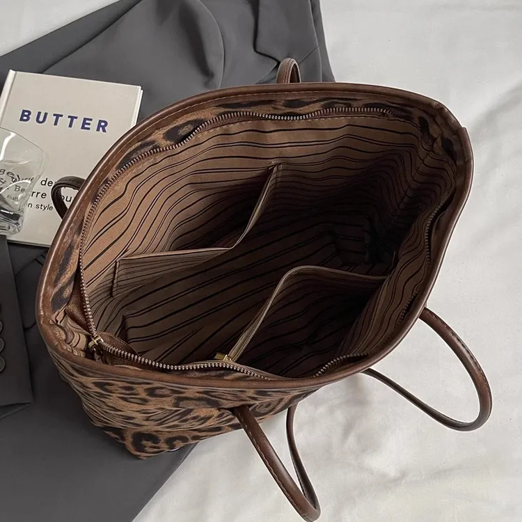 【有拉链贴袋】豹纹休闲大容量布包托特包2025新款潮时尚百搭单肩包