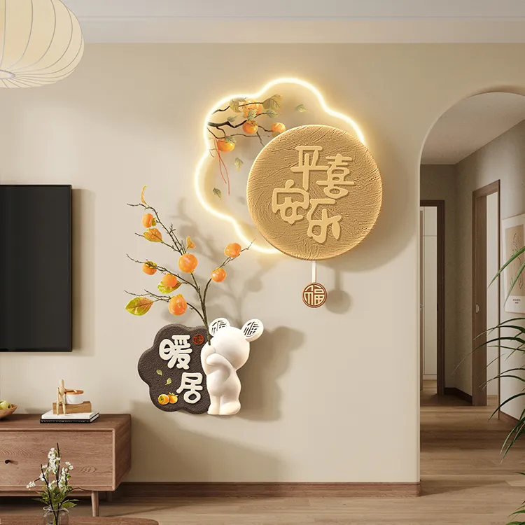 客厅电视背景墙挂画玄关晶瓷装饰画入户门正对墙走廊过道壁灯画