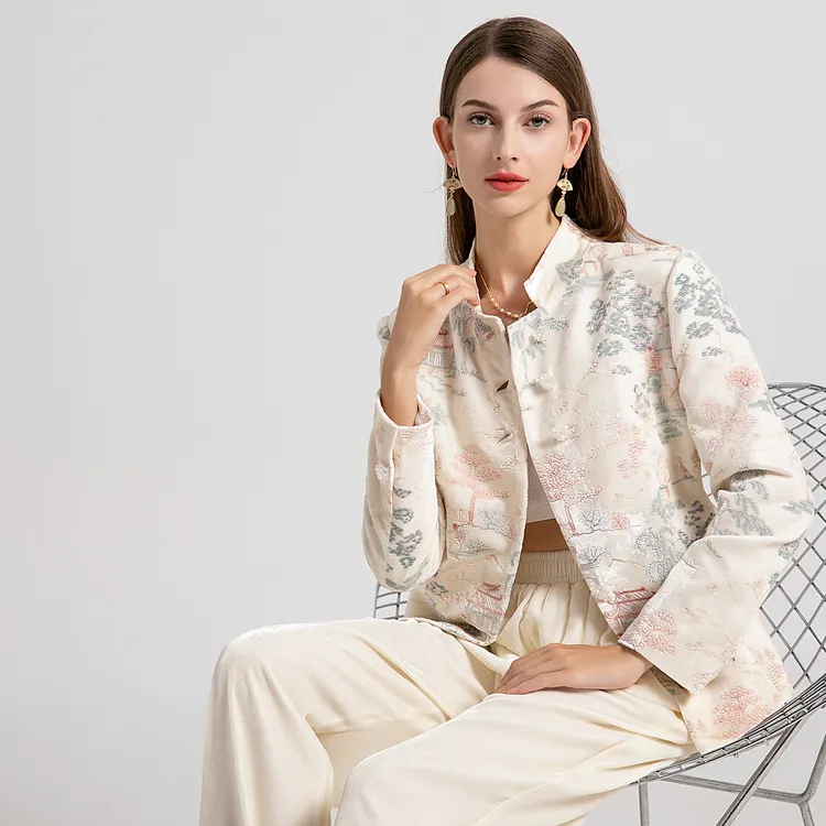2024春季新款女 新中式立领重工刺绣高端真丝丝绒西装&阔腿裤套装