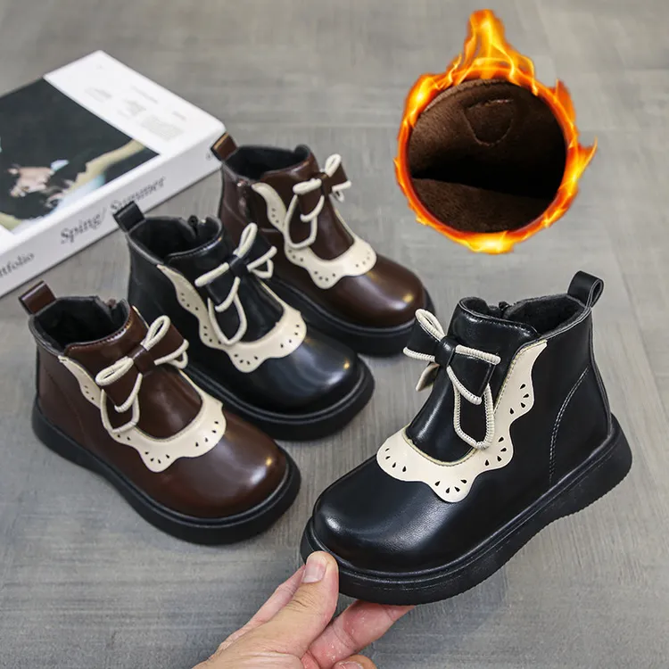 女童鞋儿童公主小短靴2024冬季新款加绒二棉鞋软底马丁靴宝宝冬鞋