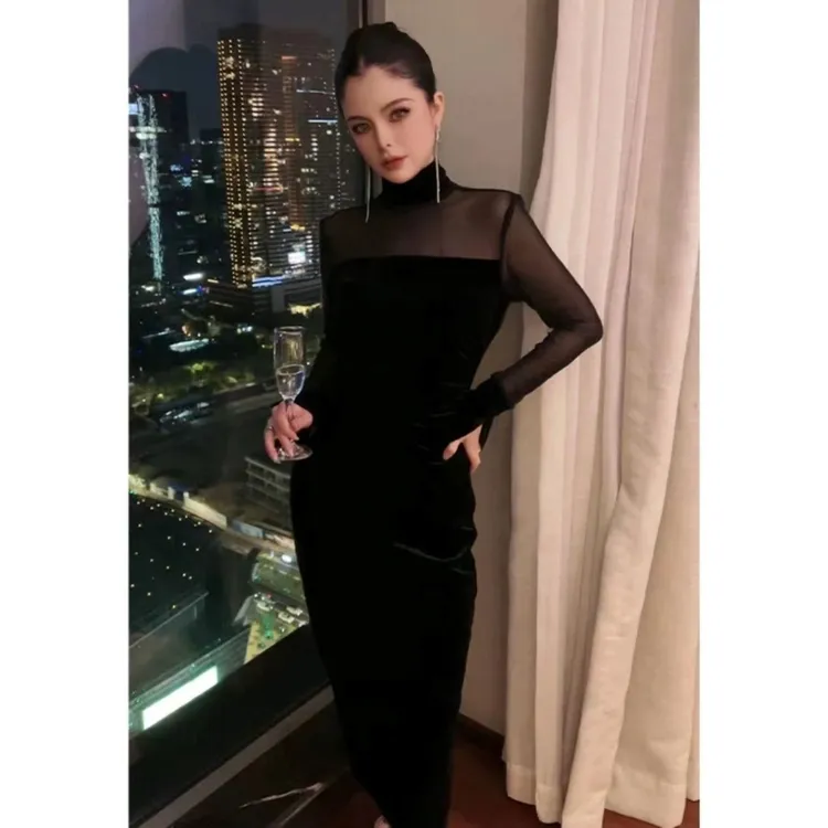 亮丝网纱拼接丝绒连衣裙2023秋款高级轻熟风修身轻奢名媛长袖长裙