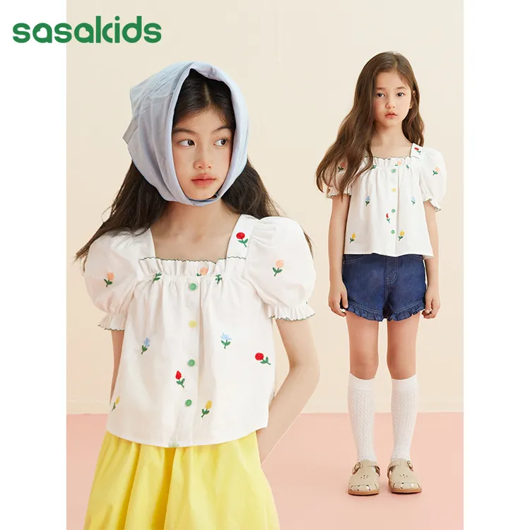 sasakids短款方领法式泡泡袖曲牙工艺绣花小衫甜美短袖上衣 