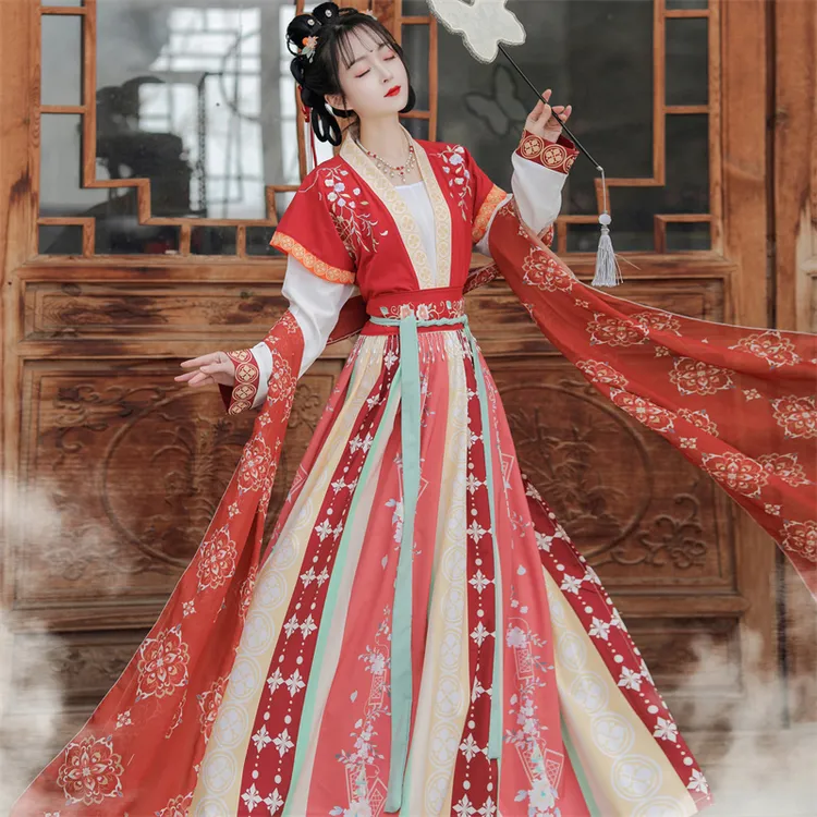 原创汉服唐制褙子半袖齐腰汉服女褶裙日常可穿古风绣花襦裙夏季