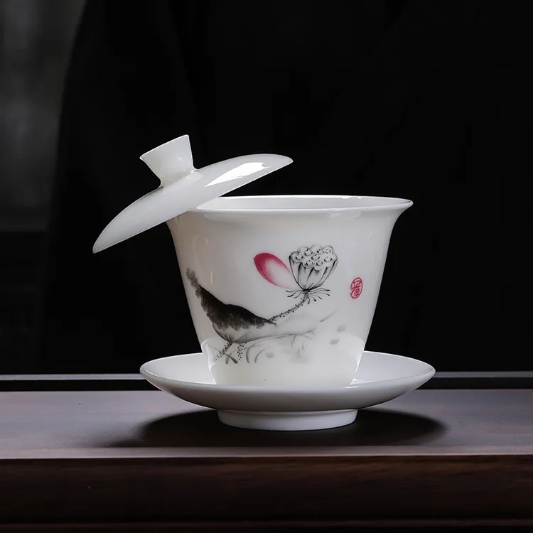 器涵可悬停三才盖碗单个小号敬茶碗羊脂玉瓷茶碗泡茶碗白瓷泡茶碗