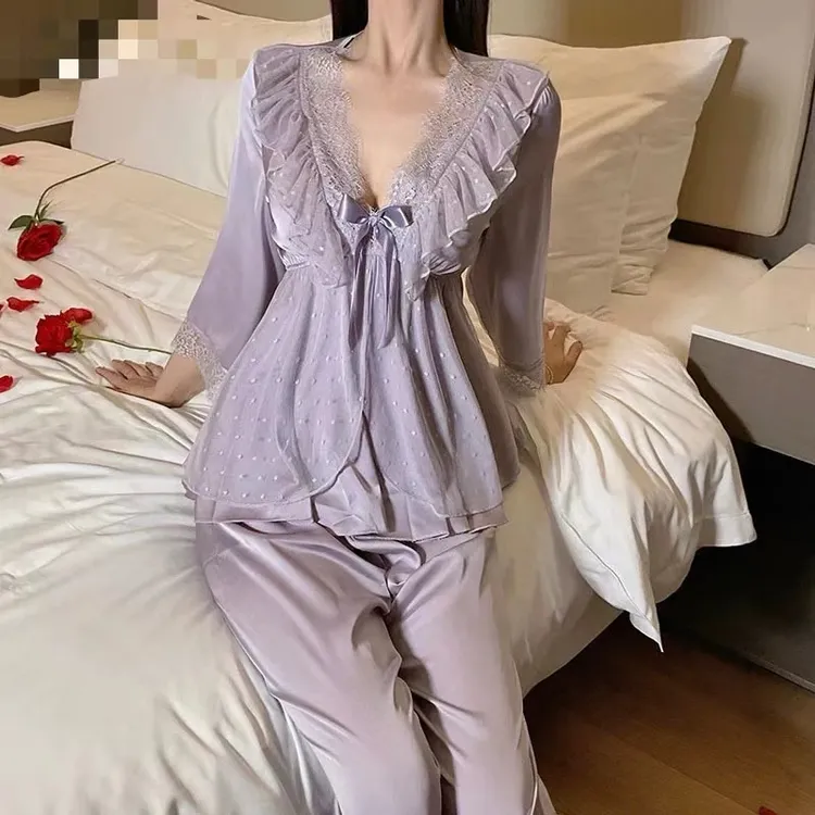 法式睡衣女春秋季甜美蕾丝带胸垫上衣长裤两件套家居服