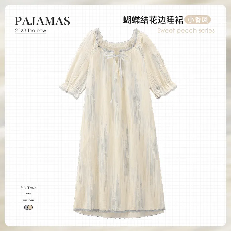 双层纱布棉纱睡裙女春夏季纯棉麻短袖春秋款宽松大码孕妇哺乳睡衣