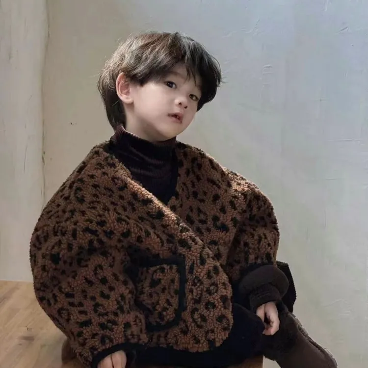 小安安家冬季韩国童装儿童复古中性洋气时尚豹纹加绒加厚棉服外套