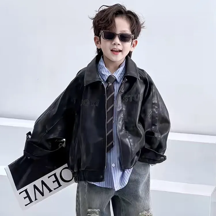 男童外套2025春秋装新品韩版PU皮衣儿童夹克复古机车宽松上衣外套