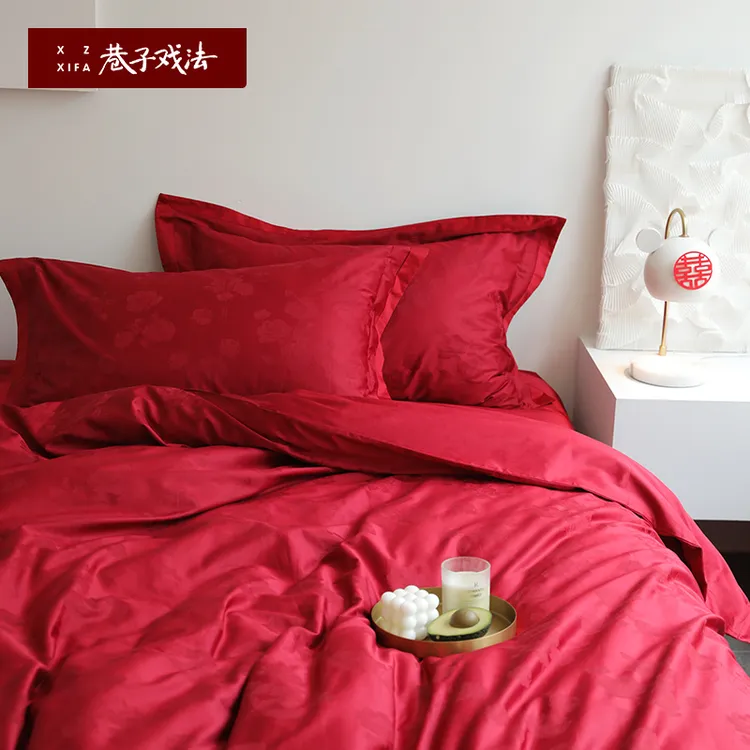 巷子戏法纯棉100支长绒棉全棉四件套结婚床品婚庆床单被套大红色