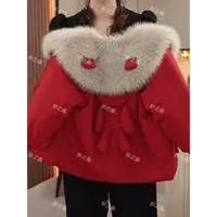 现货-女童装加绒派克服外套2025新款韩版秋冬红色加厚中长款保暖