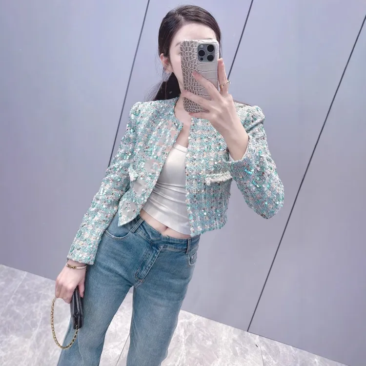 欧洲站法式2024早秋气质设计感亮片钉珠长袖小香外套女小个子