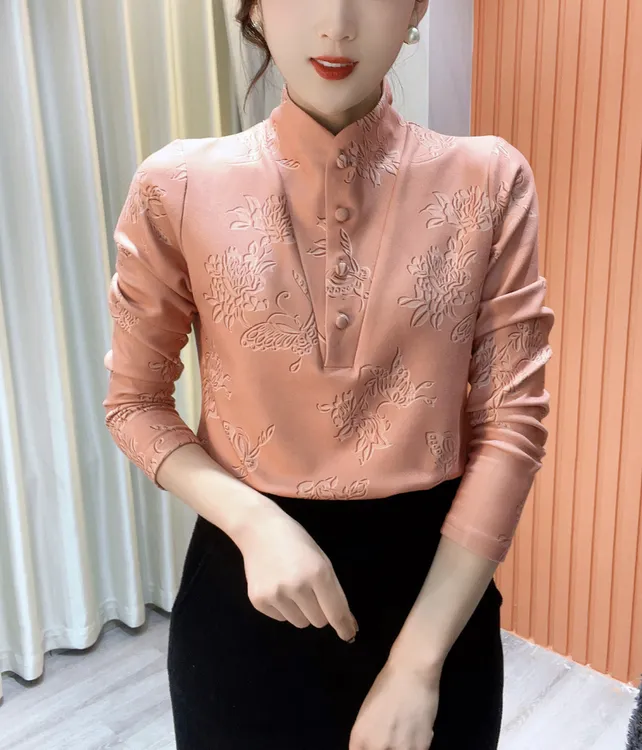 2024冬季新款时尚中领印花气质百搭显瘦长袖减龄加绒打底衫上衣