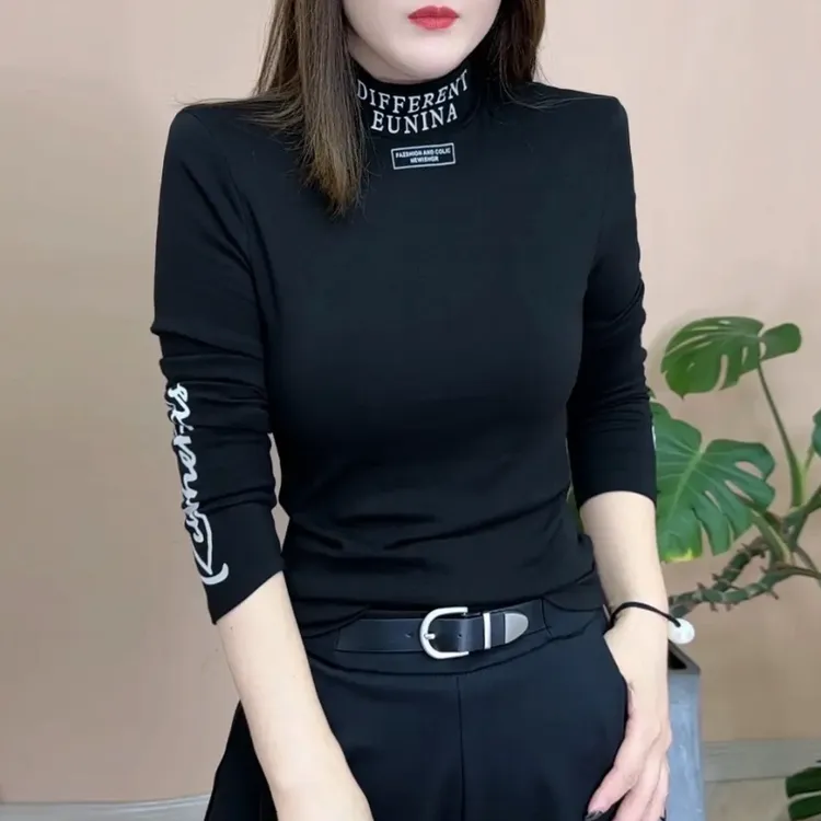 2024秋冬季新品时尚百搭休闲设计感气质半高领显瘦打底衫女士上衣