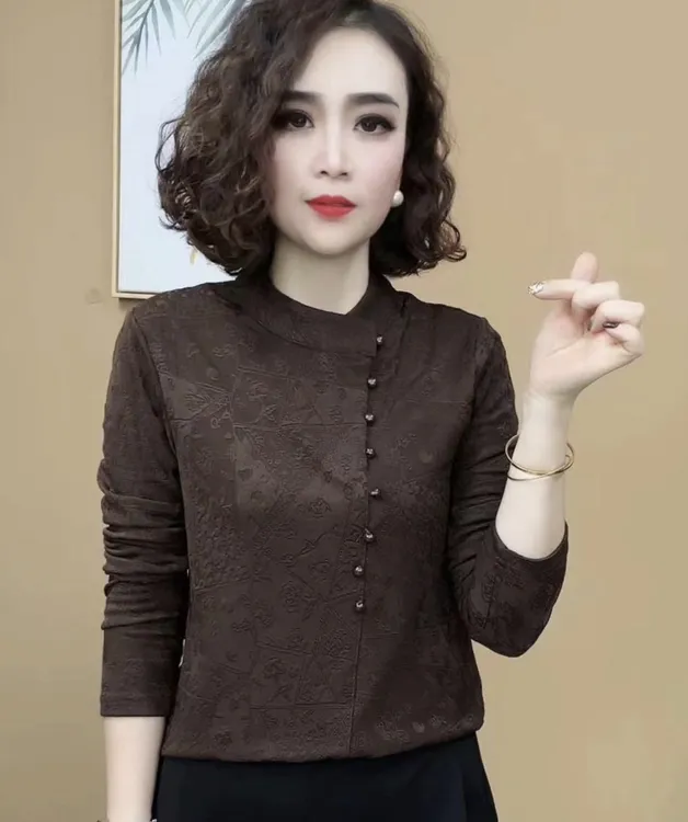2024秋冬新品时尚立领斜扣提花长袖洋气百搭女士打底衫显瘦上衣