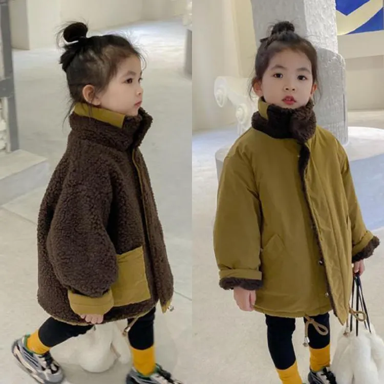童装冬装儿童羊羔绒保暖大衣女童双面穿上衣宝宝拼接宽松休闲外套