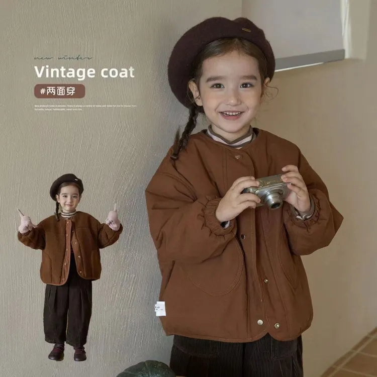 女孩女童冬季新款儿童洋气休闲百搭两面穿加厚加绒上衣外套复古