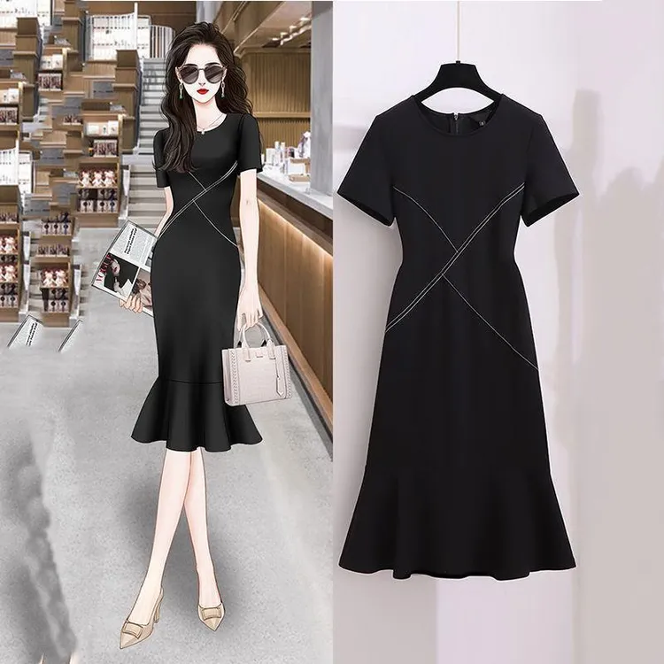 大码女装高级感赫本小黑裙2022年夏款小个子中长款气质鱼尾连衣裙