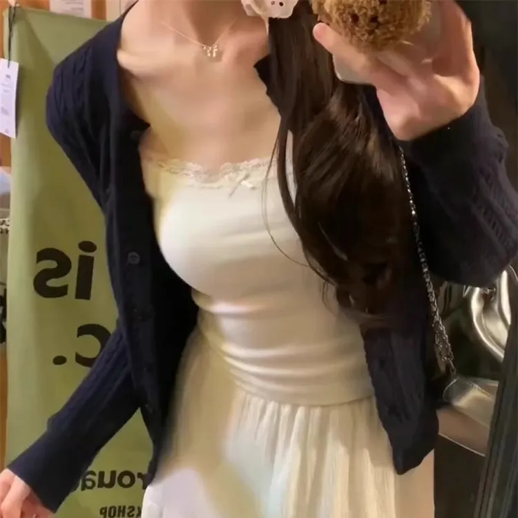 纯欲风蕾丝白色小吊带背心女夏季内搭带胸垫甜妹美背无袖上衣外穿